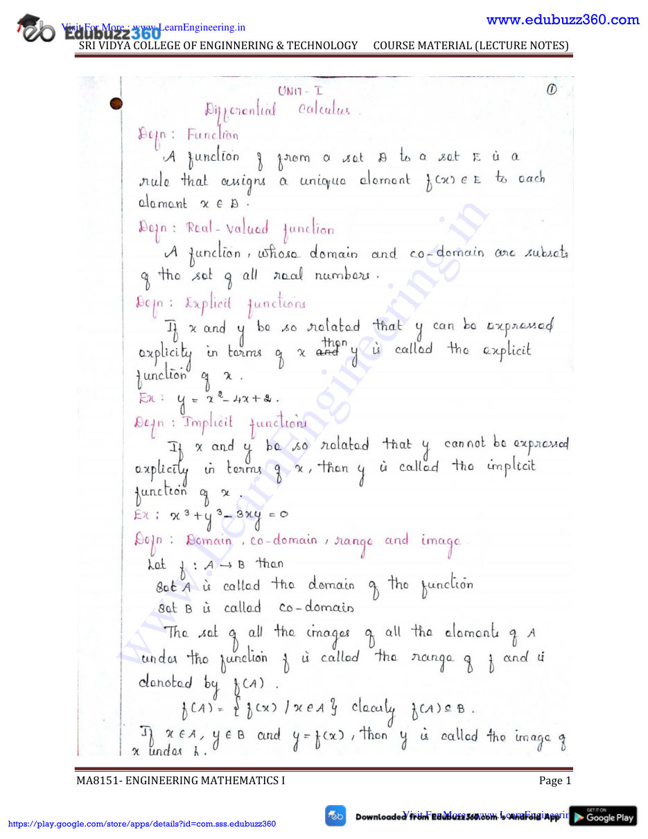 Engineering Mathematics I Lecture Notes — page 1